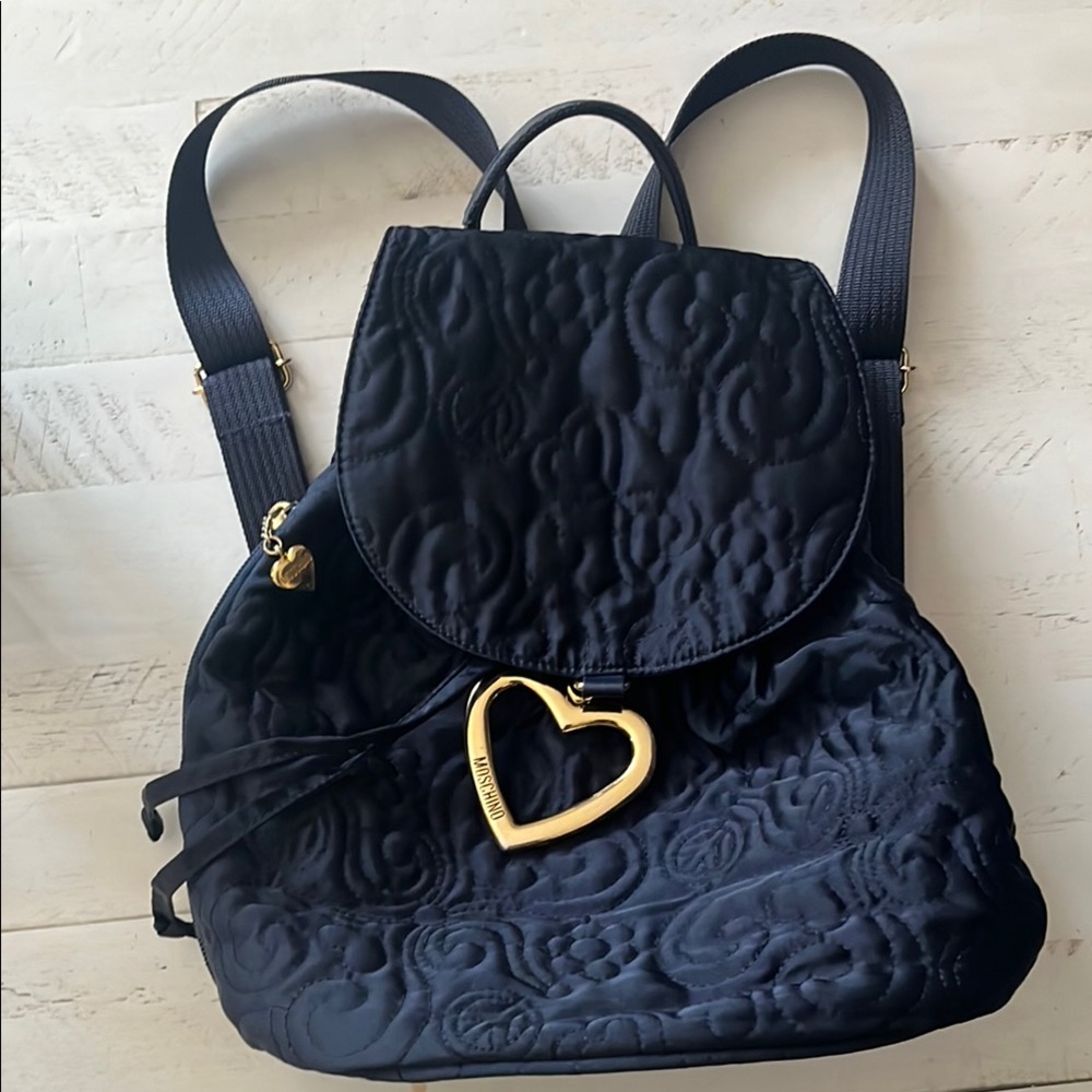 Vintage Navy Moschino Quilted Backpack with Gold Heart Charm